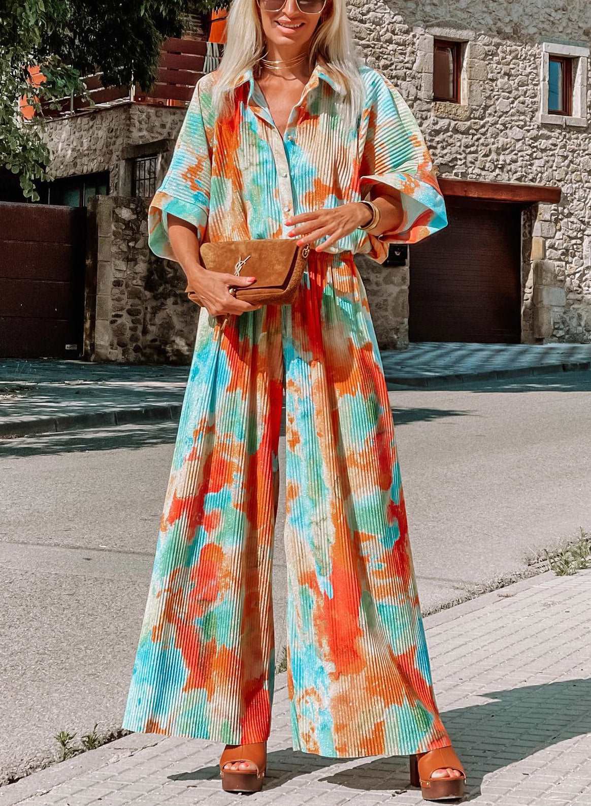 Casual Bohemian Blooming Loose Wide Leg Jumpsuit All Season - Turqoise/Orange