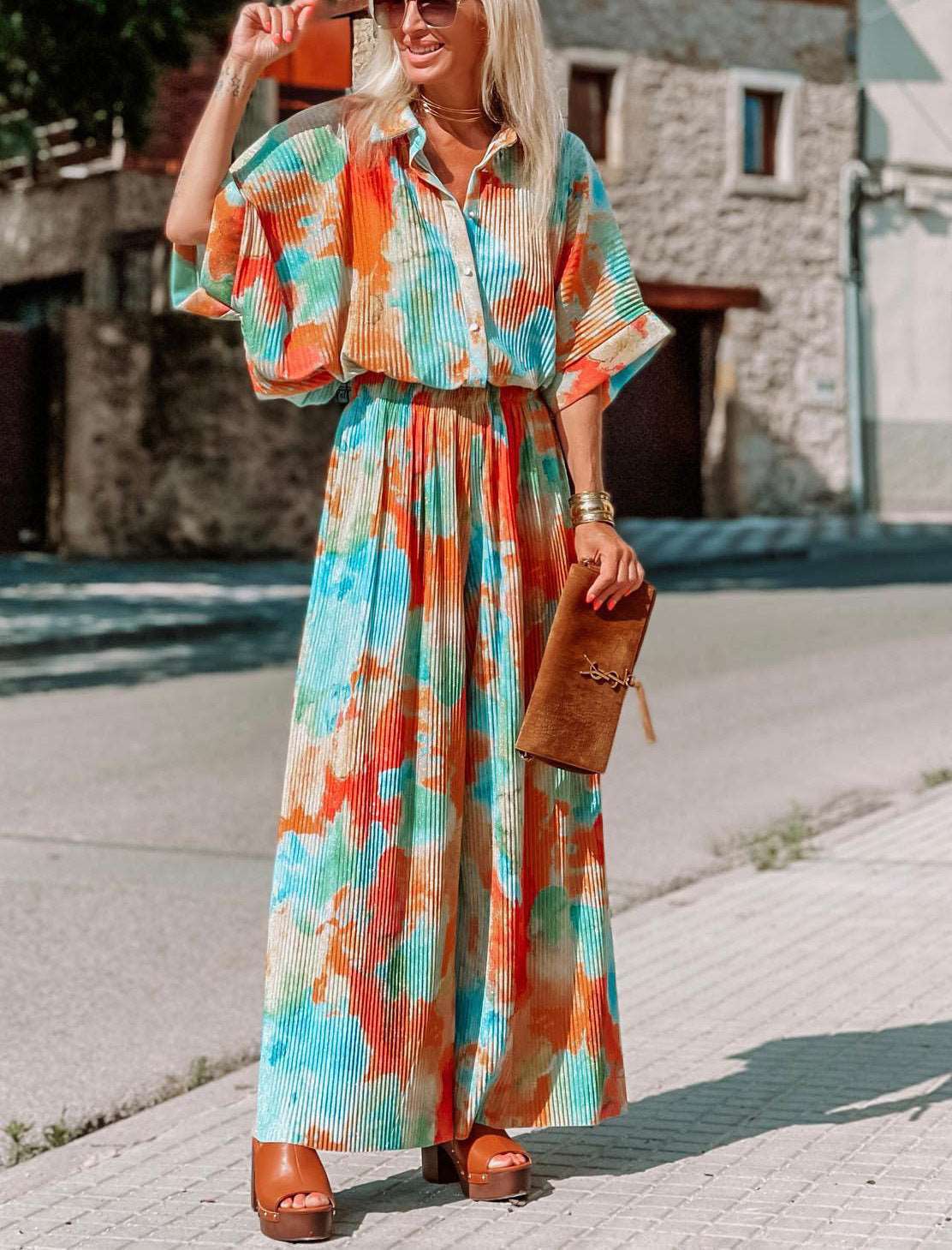 Casual Bohemian Blooming Loose Wide Leg Jumpsuit All Season - Turqoise/Orange