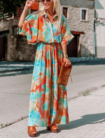 Casual Bohemian Blooming Loose Wide Leg Jumpsuit All Season - Turqoise/Orange