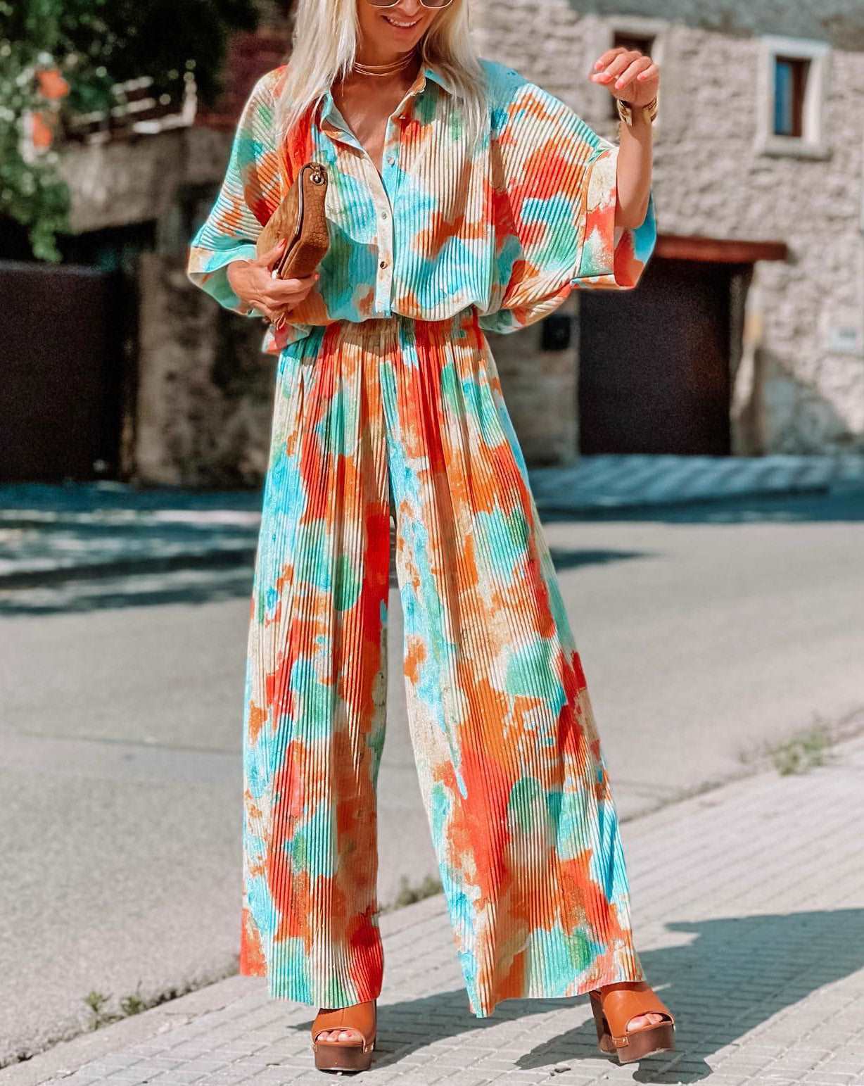 Casual Bohemian Blooming Loose Wide Leg Jumpsuit All Season - Turqoise/Orange