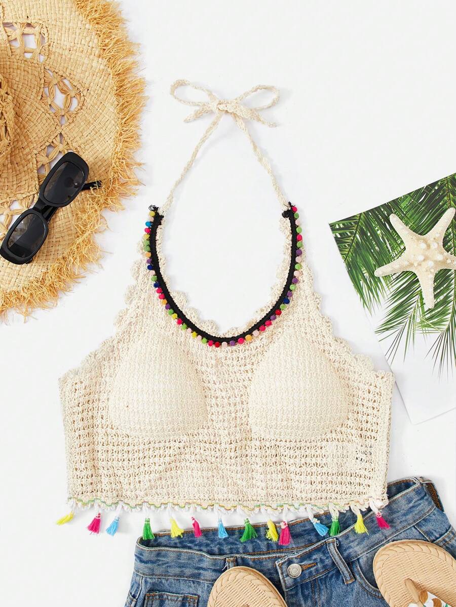 Boho Vibes Colorful Tassel Crochet Openwork Sling Back Strap Top