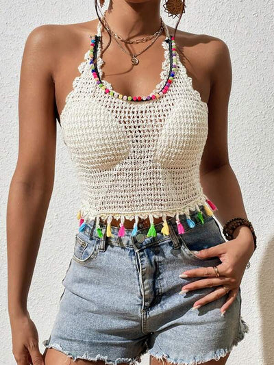 Boho Vibes Colorful Tassel Crochet Openwork Sling Back Strap Top