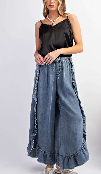 Ladies Spring Summer Bohemian Washed Cotton Denim Ruffled Frayed Hem Bell Bottom Trousers Trousers