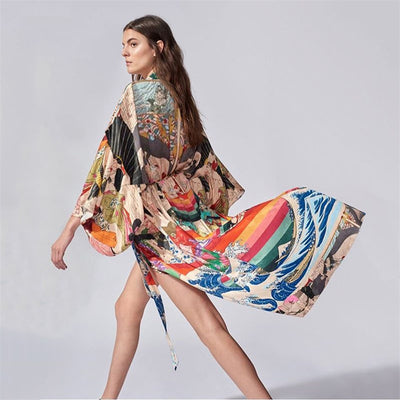 Colorful Urban Kimono Japanese Print Beach Cover up Vacation Cardigan Beach Cover Up Sun Protection Shirt