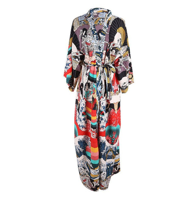 Colorful Urban Kimono Japanese Print Beach Cover up Vacation Cardigan Beach Cover Up Sun Protection Shirt