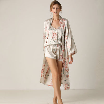 Silk Camisole Shorts Floral Print Mid-length Lace-up Sexy Nightgown Sleepwear