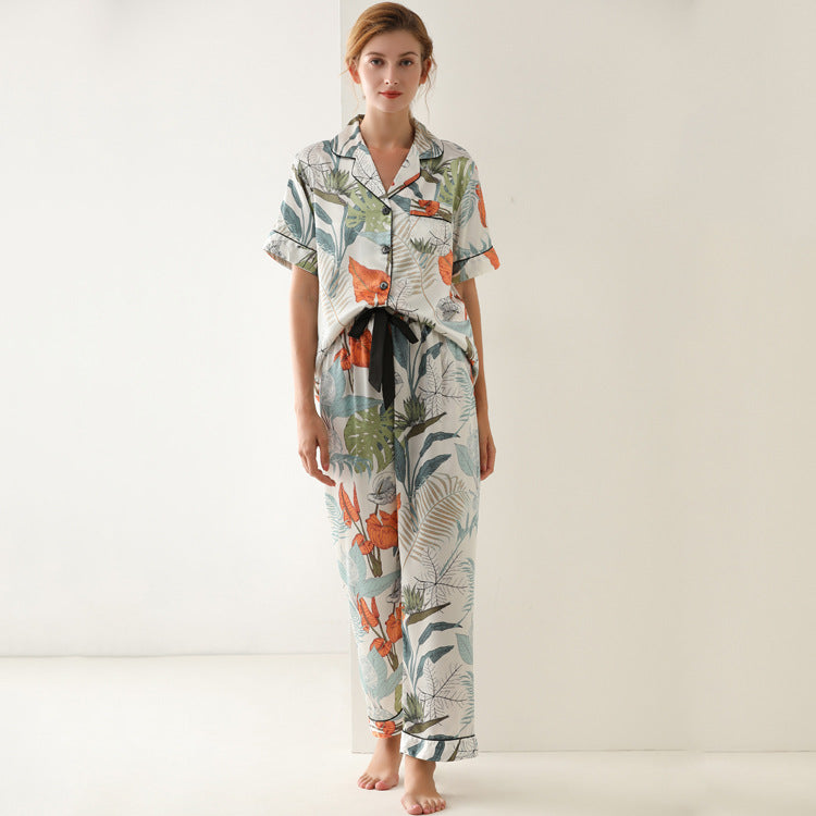 Leaf Print Silk Pajamas Lace-up Trousers 2 piece set Home Wear