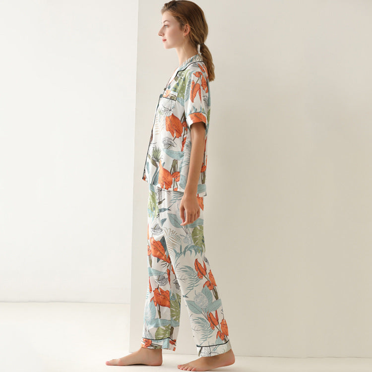 Leaf Print Silk Pajamas Lace-up Trousers 2 piece set Home Wear