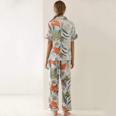 Leaf Print Silk Pajamas Lace-up Trousers 2 piece set Home Wear