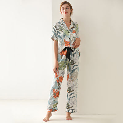 Leaf Print Silk Pajamas Lace-up Trousers 2 piece set Home Wear