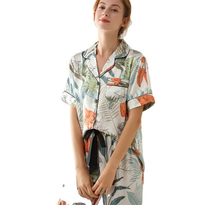 Leaf Print Silk Pajamas Lace-up Trousers 2 piece set Home Wear