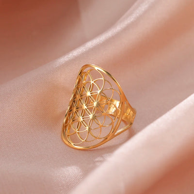 Vintage Flower of Life Boho Style Ring - Unique Adjustable Stainless Steel