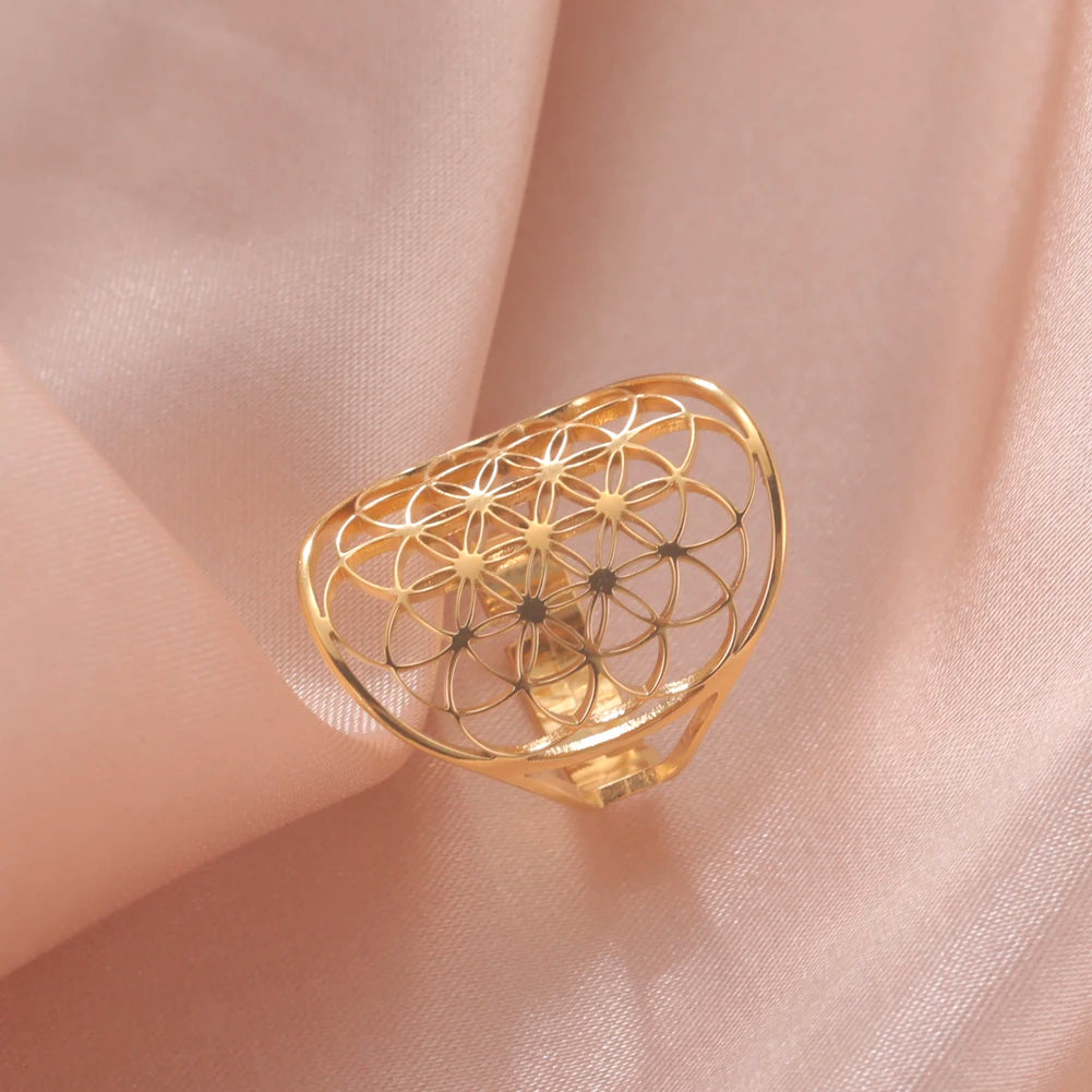 Vintage Flower of Life Boho Style Ring - Unique Adjustable Stainless Steel