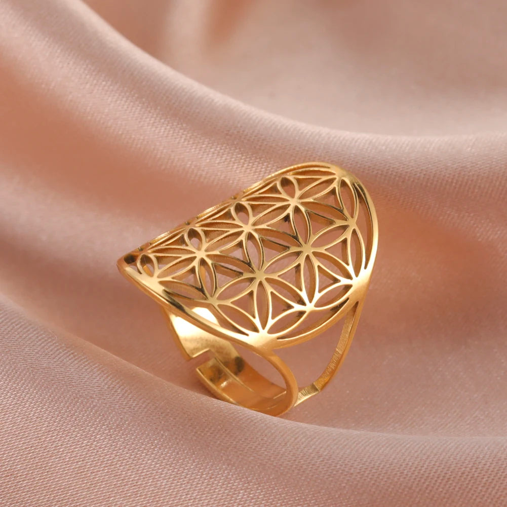 Vintage Flower of Life Boho Style Ring - Unique Adjustable Stainless Steel