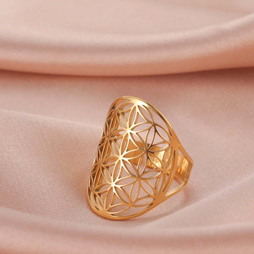 Vintage Flower of Life Boho Style Ring - Unique Adjustable Stainless Steel