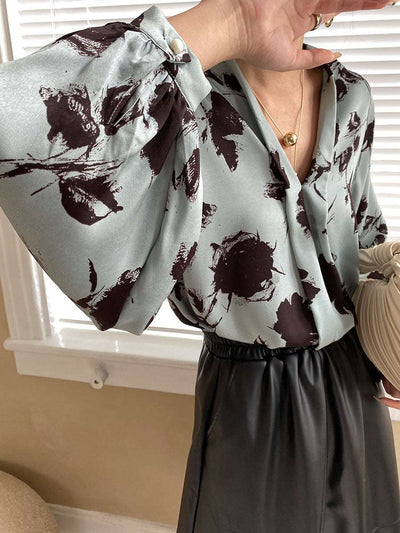 Beautiful Japanese Ink Lantern Sleeve V neck Satin Shirt Draping Effect