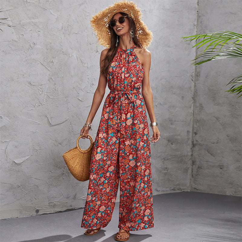 Red Floral Summer Boho Halter Sleeveless Waist Wide-Leg Jumpsuit