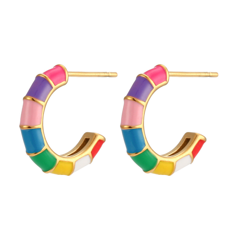 Personality Trend Earrings Jewelry Women Stainless Steel Plated 18K Colorful Wheel C Shaped Ear Studs