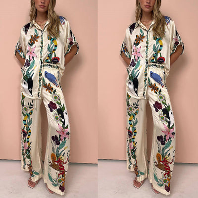 Casual boho style, bohemian fashion, boho outfits Graffiti Printing Satin Short Sleeved Collared Shirt Trousers Casual Two Piece Suit