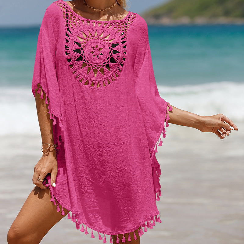 Cardigans boho style, bohemian fashion, boho outfits Hand Crochet Solid Color Stitching Beach Dress Fimbrilla Sun Protection Short Sexy Beach Blouse