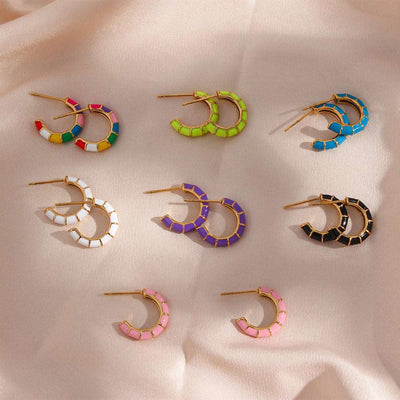 Personality Trend Earrings Jewelry Women Stainless Steel Plated 18K Colorful Wheel C Shaped Ear Studs