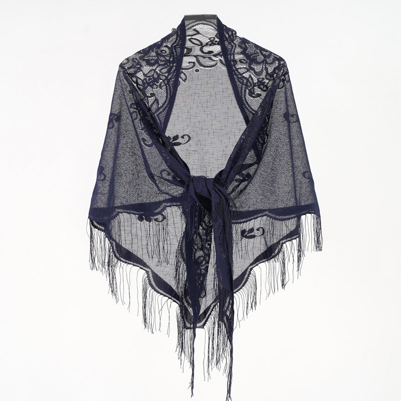 Elegant Nylon Hollow Cutout Breathable Tassel Shawl Women Scarf