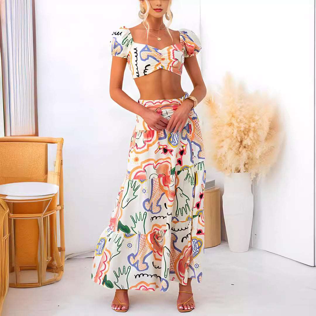 Colorful Print 2pc Top/Midi Dress set for travel/vacation