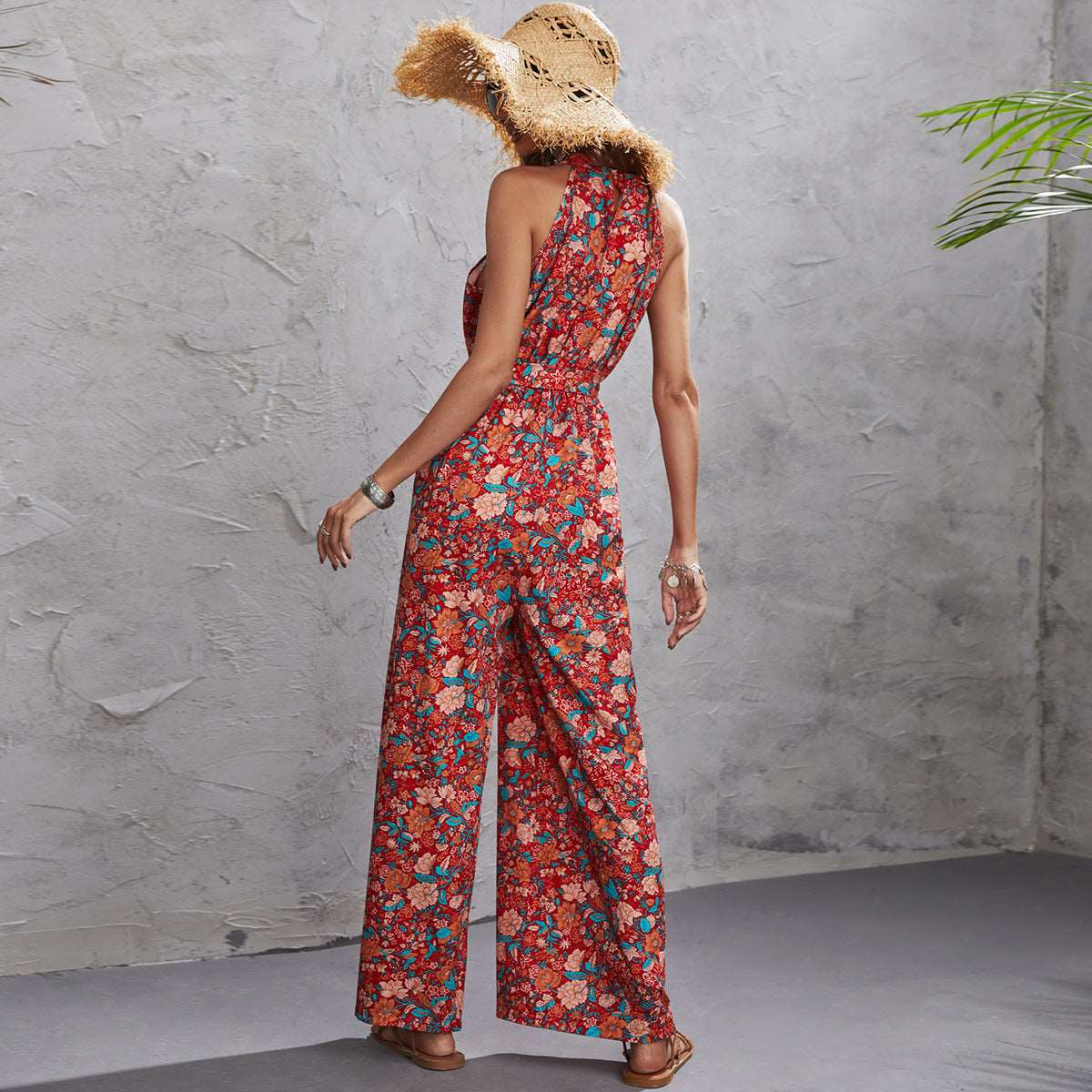 Red Floral Summer Boho Halter Sleeveless Waist Wide-Leg Jumpsuit