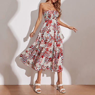 Vibrant Red White Tube Top Cinched Waist Printed Elegant Dress