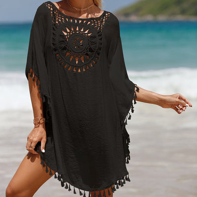 Cardigans boho style, bohemian fashion, boho outfits Hand Crochet Solid Color Stitching Beach Dress Fimbrilla Sun Protection Short Sexy Beach Blouse