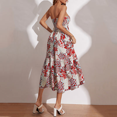 Vibrant Red White Tube Top Cinched Waist Printed Elegant Dress