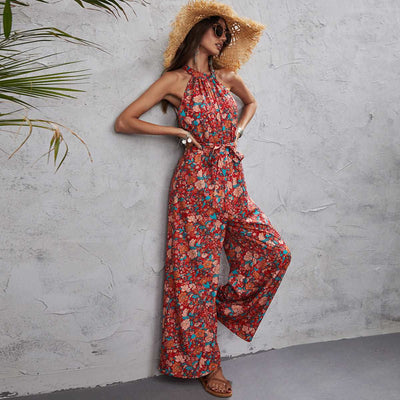 Red Floral Summer Boho Halter Sleeveless Waist Wide-Leg Jumpsuit