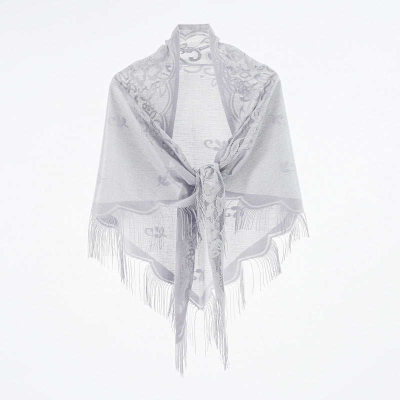 Elegant Nylon Hollow Cutout Breathable Tassel Shawl Women Scarf