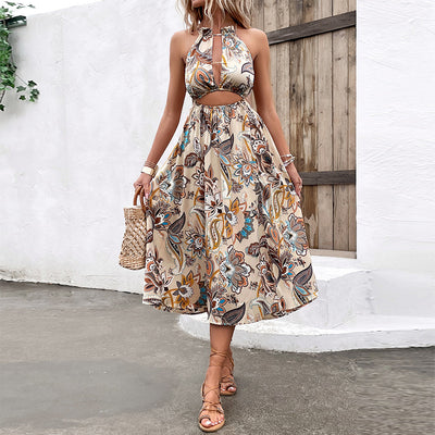 Floral Abstract Sexy Halter High Waist Midi Slit Dress