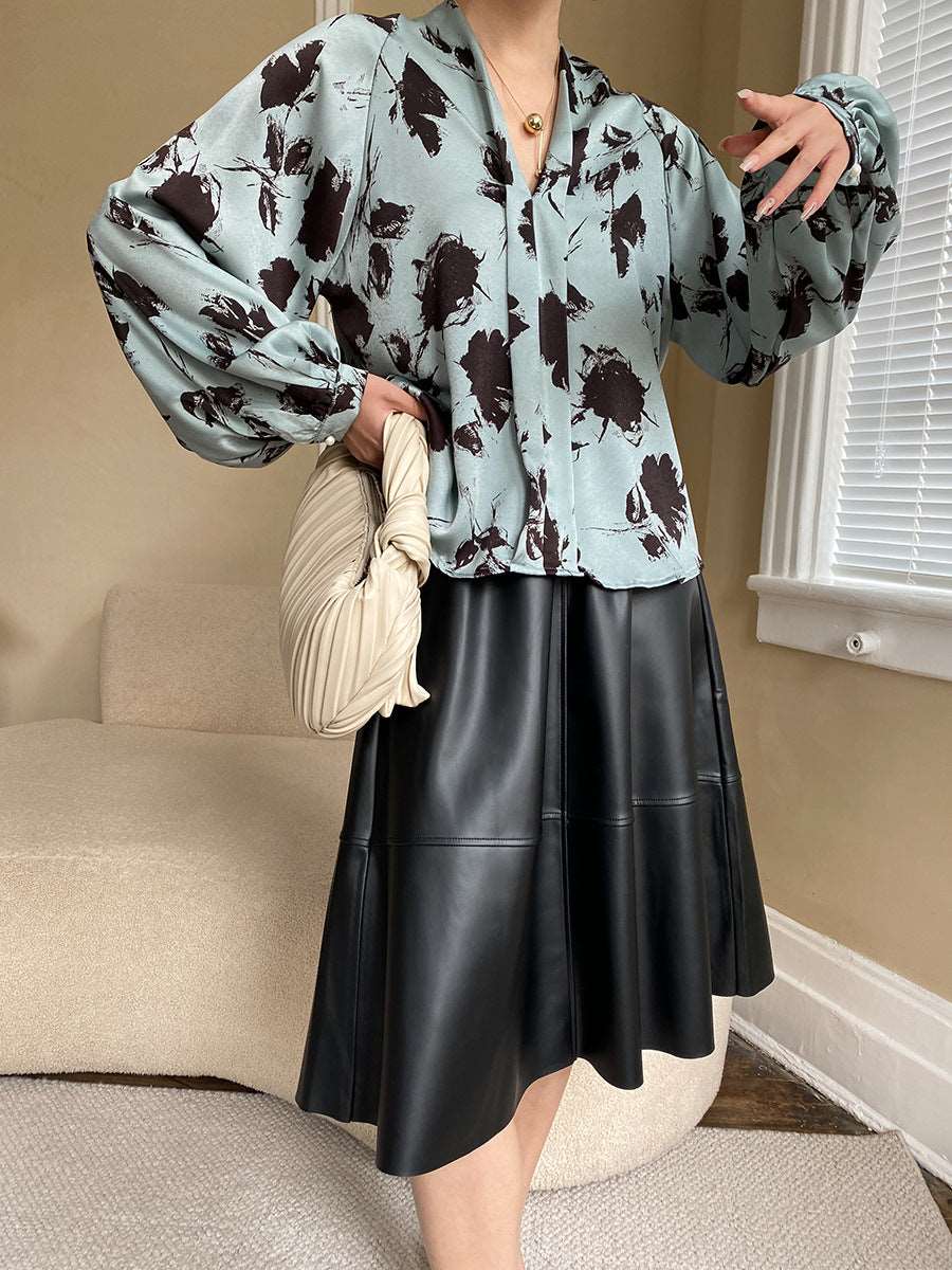 Beautiful Japanese Ink Lantern Sleeve V neck Satin Shirt Draping Effect