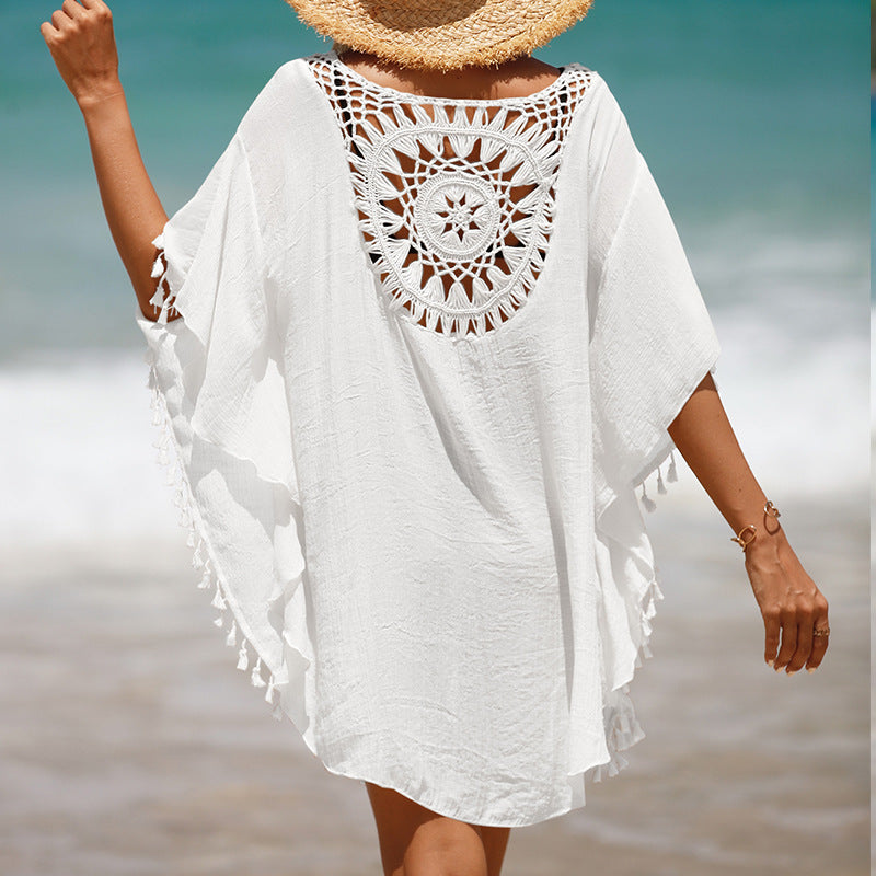 Cardigans boho style, bohemian fashion, boho outfits Hand Crochet Solid Color Stitching Beach Dress Fimbrilla Sun Protection Short Sexy Beach Blouse