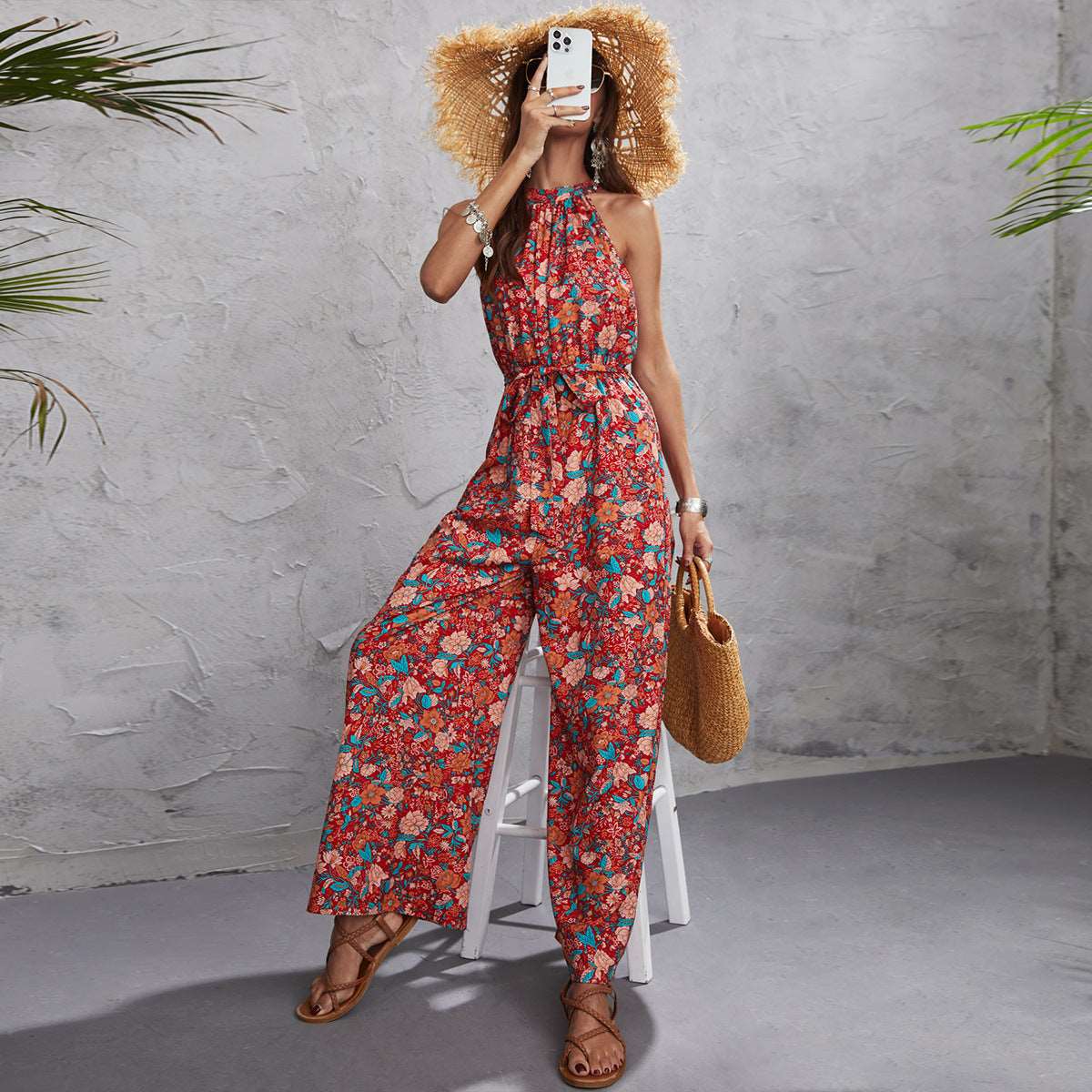 Red Floral Summer Boho Halter Sleeveless Waist Wide-Leg Jumpsuit