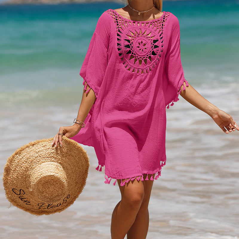 Cardigans boho style, bohemian fashion, boho outfits Hand Crochet Solid Color Stitching Beach Dress Fimbrilla Sun Protection Short Sexy Beach Blouse