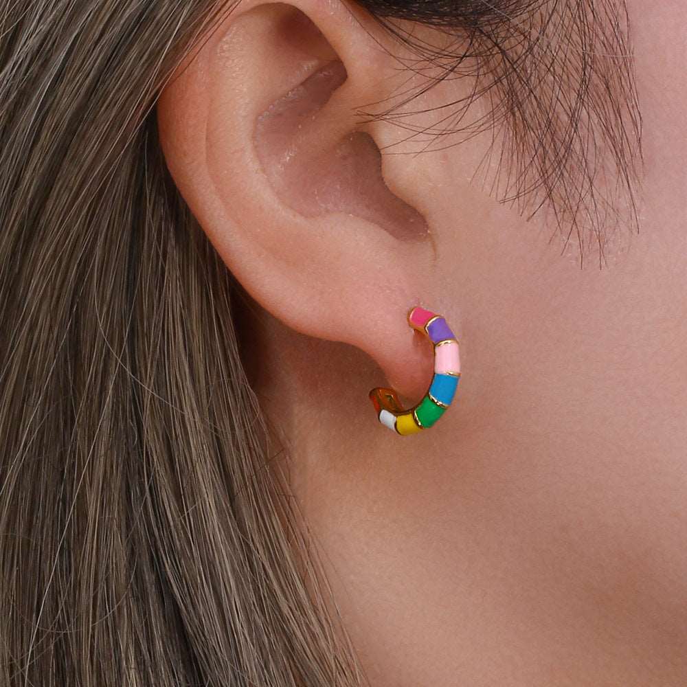 Personality Trend Earrings Jewelry Women Stainless Steel Plated 18K Colorful Wheel C Shaped Ear Studs