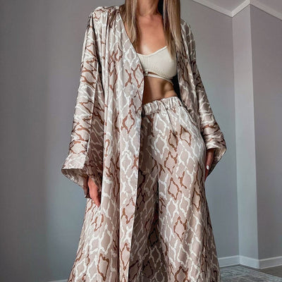 Sexy Elegant Faux Silk Printed Nightgown Two Piece Set