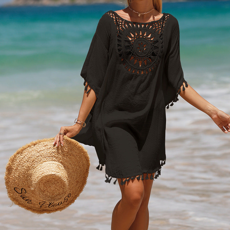 Cardigans boho style, bohemian fashion, boho outfits Hand Crochet Solid Color Stitching Beach Dress Fimbrilla Sun Protection Short Sexy Beach Blouse