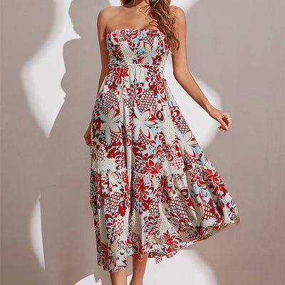 Vibrant Red White Tube Top Cinched Waist Printed Elegant Dress