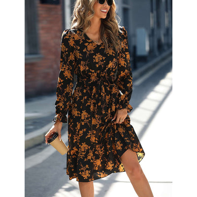 Floral Print Sexy Slim-Waist Long Sleeve Dress