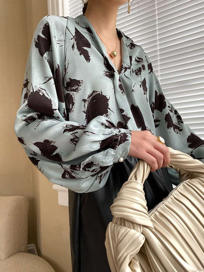 Beautiful Japanese Ink Lantern Sleeve V neck Satin Shirt Draping Effect