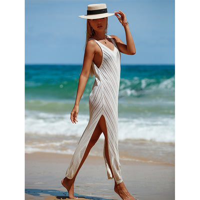 Dresses boho style, bohemian fashion, boho outfits Sexy Backless V neck for Travel Vacation - Solid Color Breathable Knitted Maxi Dress Beach Sun Protection Blouse