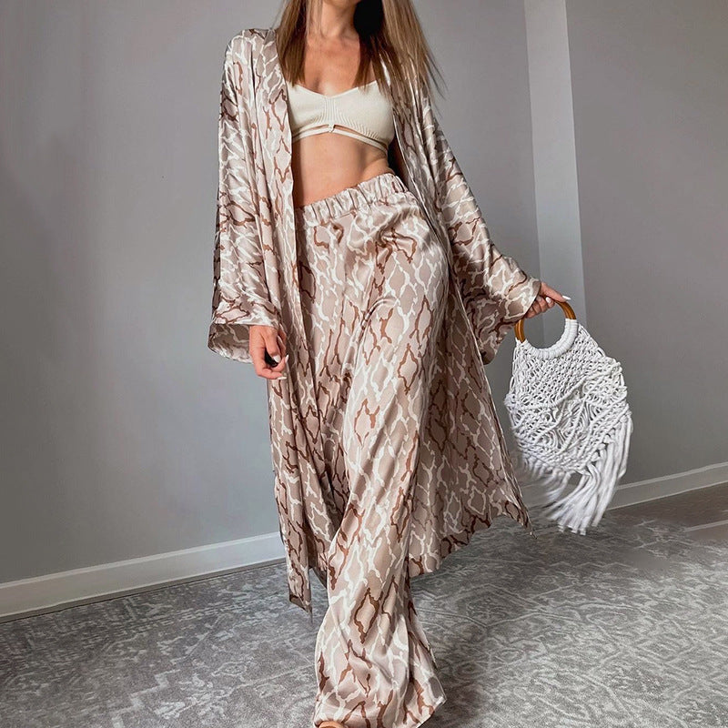 Sexy Elegant Faux Silk Printed Nightgown Two Piece Set