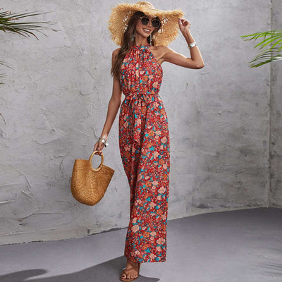 Red Floral Summer Boho Halter Sleeveless Waist Wide-Leg Jumpsuit