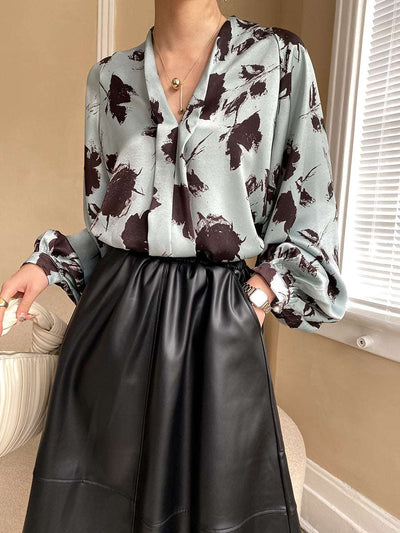 Beautiful Japanese Ink Lantern Sleeve V neck Satin Shirt Draping Effect