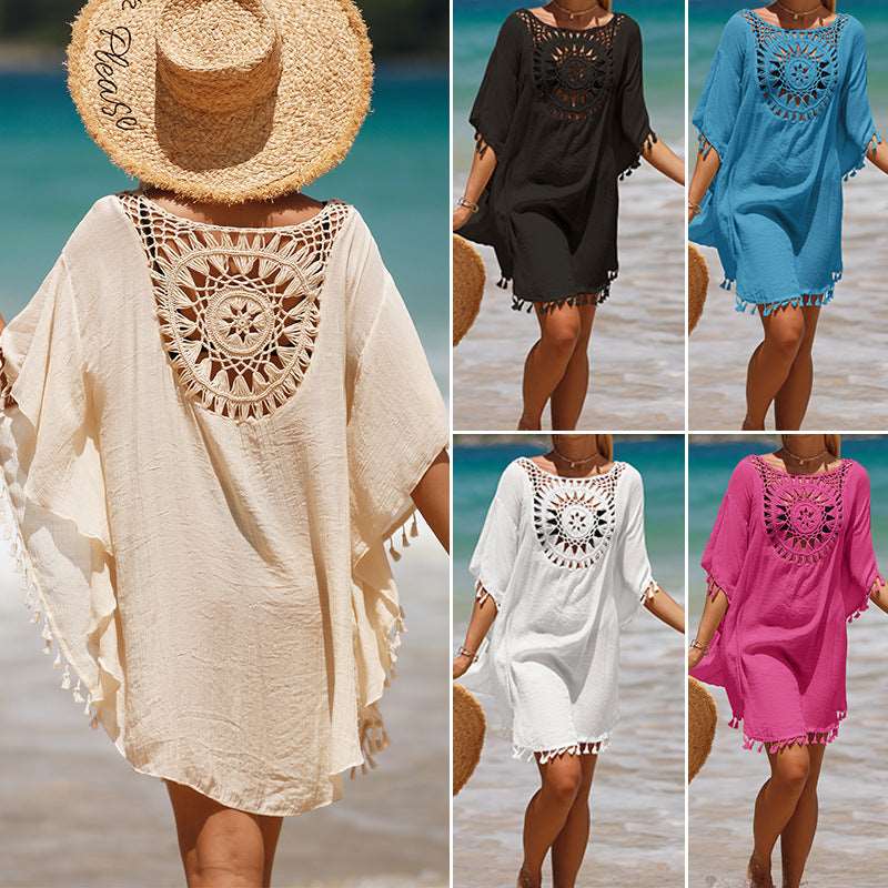 Hand Crochet Solid Color Stitching Beach Dress Fimbrilla Sun Protection Short Sexy Beach Blouse