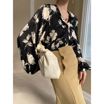 Beautiful Japanese Ink Lantern Sleeve V neck Satin Shirt Draping Effect